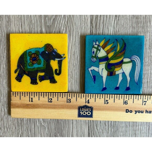 Miniature Indian Painted 3" Square Tiles Elephant & Winged Horse Pegasus Glossy - Picture 5 of 5